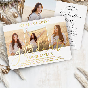 Invitation En Aluminium 4 Photo Graduation Party Elégant Blanc et Or
