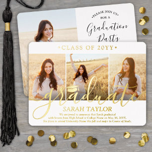 Invitation En Aluminium 4 Photo Graduation Party Elégant Blanc et Or