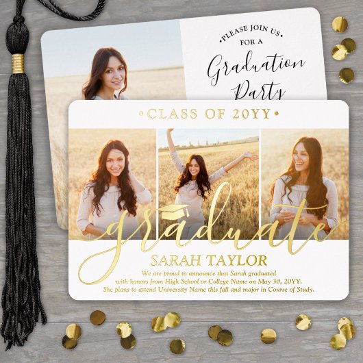 Invitation En Aluminium 4 Photo Graduation Party Elégant Blanc et Or