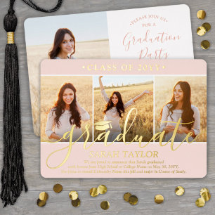 Invitation En Aluminium 4 Photo Graduation Party Élégant Blush Rose & Or