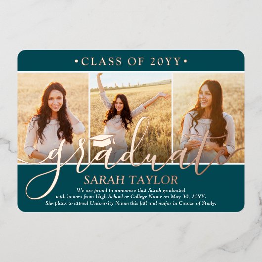 Invitation En Aluminium 4 Photo Graduation Party Modern Script Turquoise e (Recto)