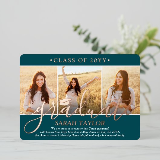 Invitation En Aluminium 4 Photo Graduation Party Modern Script Turquoise e (Debout devant)
