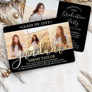 Invitation En Aluminium 4 Photo Graduation Party Noir, Blanc et Réel