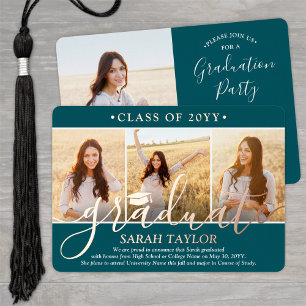 Invitation En Aluminium 4 Photo Graduation Party Turquoise Blanc et Rose G