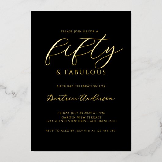Invitation En Aluminium 50 and Fabulous Birthday Black Gold (Recto)
