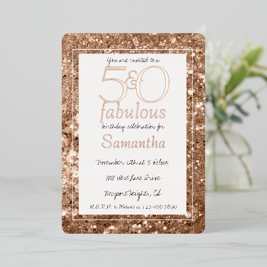 Invitation En Aluminium 50 ans et Fabuleux Anniversaire Paillettes Rose Go (Debout devant)