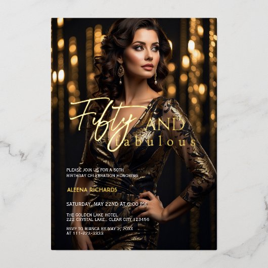 Invitation En Aluminium 50 ans et Fabuleux Photo Or Noir (Recto)