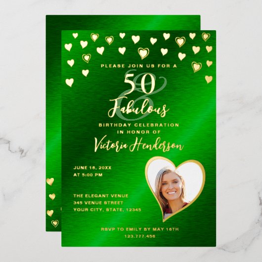Invitation En Aluminium 50 & Fabuleux anniversaire Elegant Green & Gold (Recto/Verso)