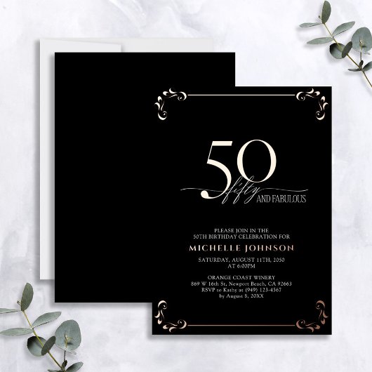 Invitation En Aluminium 50 & Fabuleux Black Rose Gold Calligraphie Anniver
