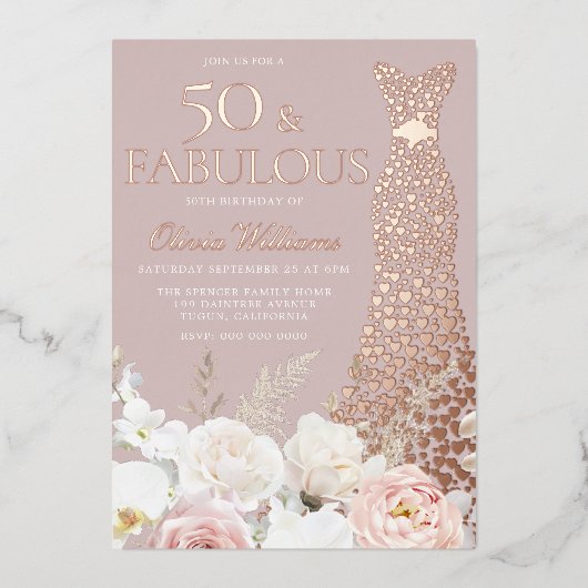 Invitation En Aluminium 50 & Fabuleux Blush Floral 50e Anniversaire Rose G (Recto)