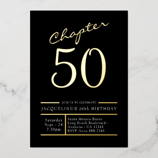 Invitation En Aluminium 50 Noir 50e Anniversaire de fête Or (Recto)