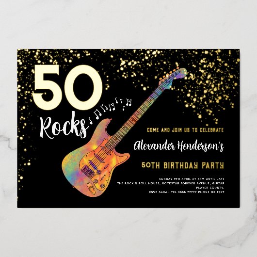 Invitation En Aluminium 50 Rocks 50e anniversaire Parties scintillant d'or (Recto)