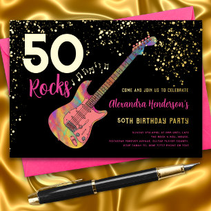 Invitation En Aluminium 50 Rocks Fête d'anniversaire 50 ans Rose Noir Or