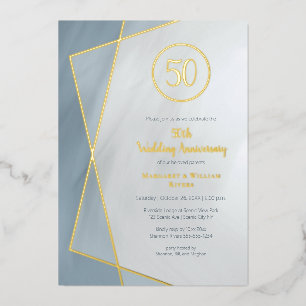 Invitation En Aluminium 50e anniversaire bleu gris poussiéreux avec feuill