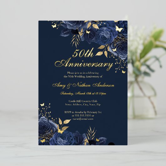 Invitation En Aluminium 50e anniversaire de Mariage de la Floral Navy (Debout devant)