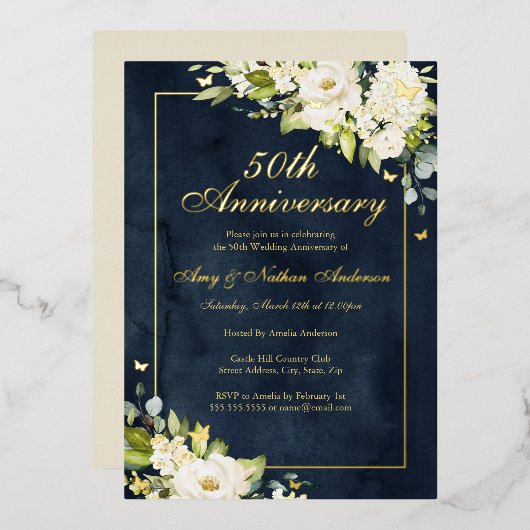 Invitation En Aluminium 50e anniversaire de Mariage de la Gold Navy (Recto/Verso)