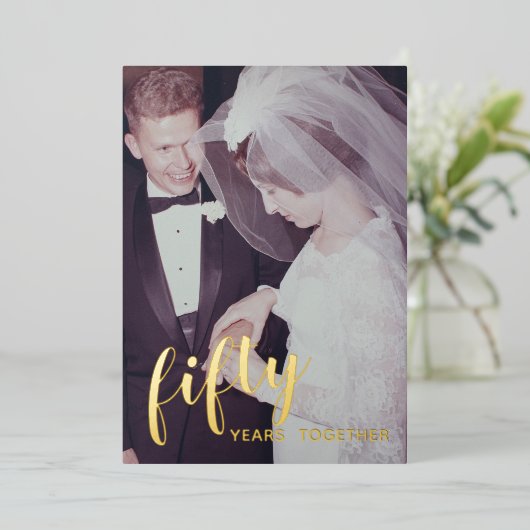 Invitation En Aluminium 50e Anniversaire de Mariage Papier d'Or & Photo (Debout devant)