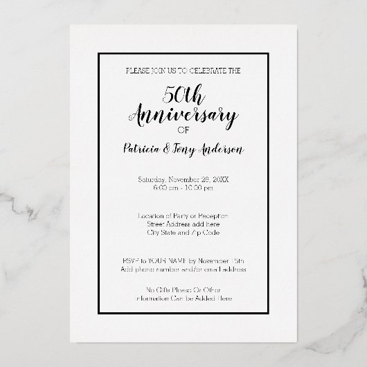 Invitation En Aluminium 50e Anniversaire de Mariage Papier d'Or & Photo (Verso)