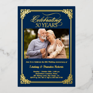 Invitation En Aluminium 50e Anniversaire de Mariage Photo Bleu Or
