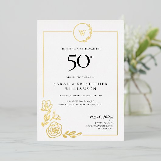 Invitation En Aluminium 50e anniversaire du Mariage Monogramme de couronne (Debout devant)