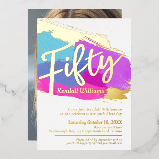 Invitation En Aluminium 50e anniversaire fête feuille d'or photo art abstr (Recto/Verso)