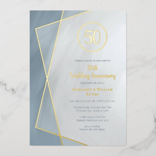 Invitation En Aluminium 50e anniversaire gris bleu poussiéreux avec feuill (Recto)