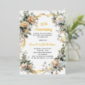 Invitation En Aluminium 50e anniversaire mariage fleurons jaunes or (Debout devant)