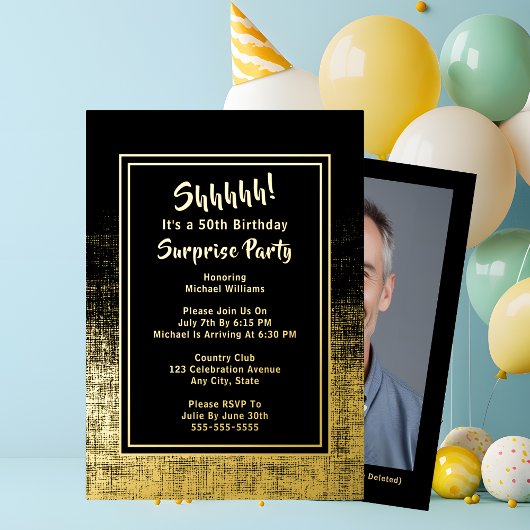 Invitation En Aluminium 50e anniversaire surprise photo sur le dos Black &