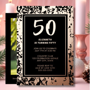 Invitation En Aluminium 50ème photo de rose noire or au dos personnalisée