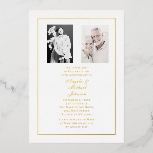 Invitation En Aluminium 50th Anniversary Chic White Gold Border (Recto)