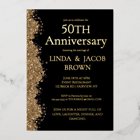 Invitation En Aluminium 50th Wedding Anniversary Gold Faux Glitter  (Recto)