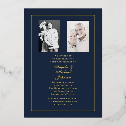 Invitation En Aluminium 50th Wedding Anniversary Navy Gold Border   (Recto)