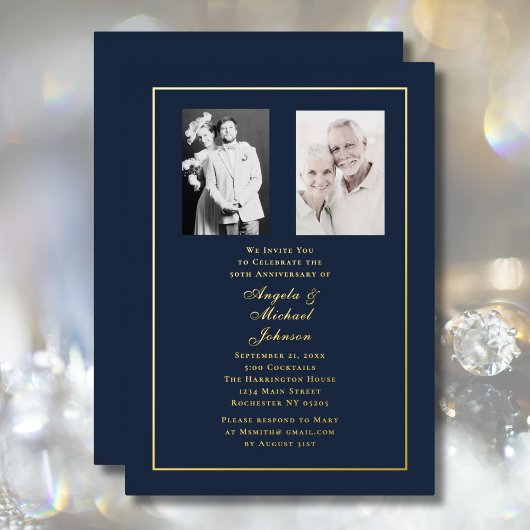 Invitation En Aluminium 50th Wedding Anniversary Navy Gold Border