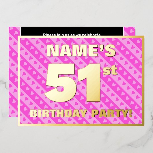 Invitation En Aluminium 51e fête d'anniversaire — Coeurs et rayures roses  (Recto/Verso)