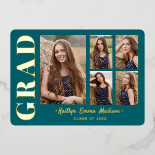Invitation En Aluminium 5 Photo Collage Grad Turquoise & Gold Foil Card