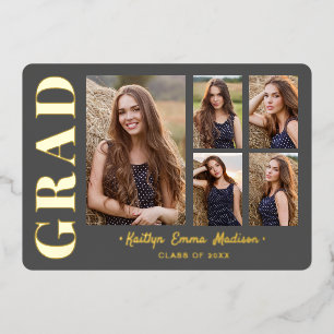 Invitation En Aluminium 5 Photo Grad Collage Gris & Gold Foil Card