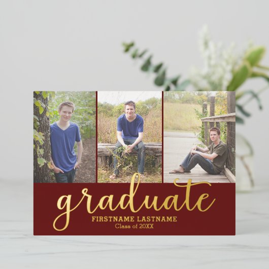 Invitation En Aluminium 5 Photo Graduation Party Modern Script Gold (Debout devant)