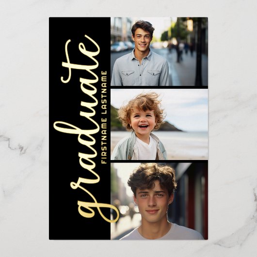 Invitation En Aluminium 5 Photo Graduation Party Modern Script Gold Foil I (Recto)
