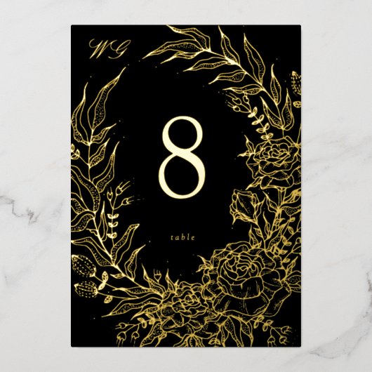 Invitation En Aluminium 5 x 7 Black Gold FOIL Florals Wedding Table Number (Devant)