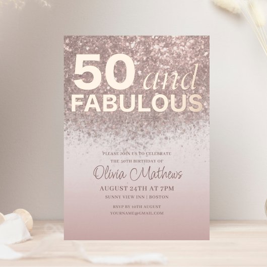 Invitation En Aluminium 5o et fabuleux Anniversaire Rose Gold Calligraphie