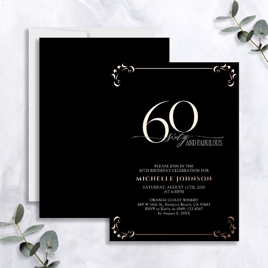 Invitation En Aluminium 60 & Fabuleux Black Rose Gold Calligraphie Anniver
