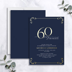 Invitation En Aluminium 60 & Fabuleux Blue & Gold Calligraphy Anniversaire
