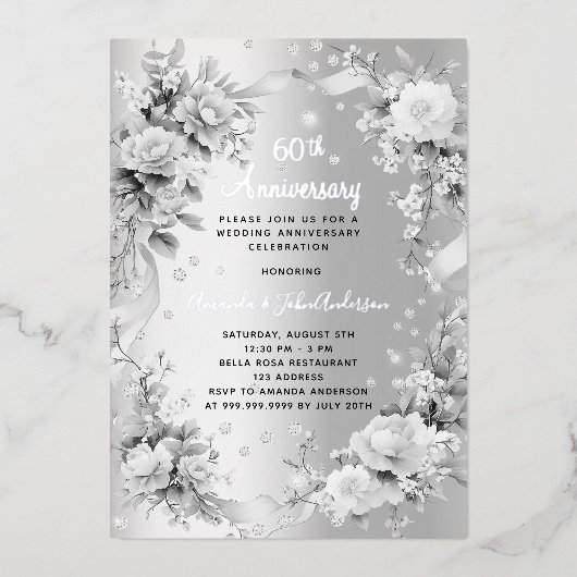Invitation En Aluminium 60e anniversaire mariage diamant flor argent (Recto)