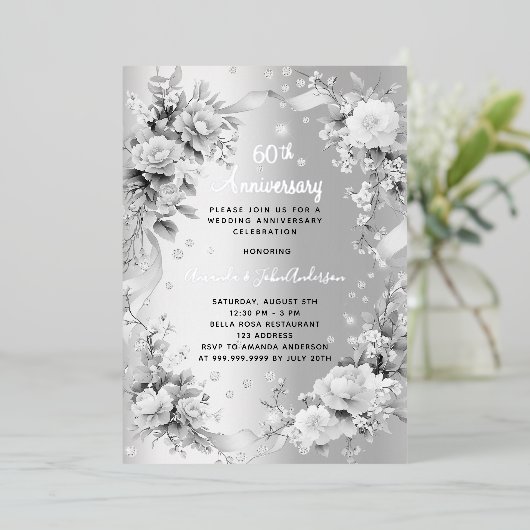 Invitation En Aluminium 60e anniversaire mariage diamant flor argent (Debout devant)