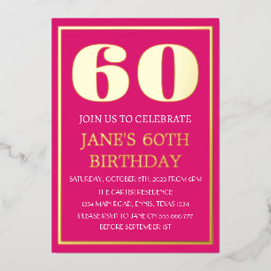 Invitation En Aluminium 60e Anniversaire moderne Magenta Gold Foil QR Code