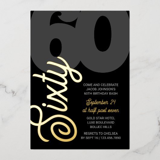 Invitation En Aluminium 60e anniversaire surdimensionné 60 Script Black Go (Recto)