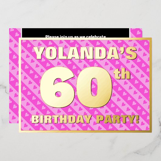 Invitation En Aluminium 60e fête d'anniversaire — Coeurs et rayures roses  (Recto/Verso)