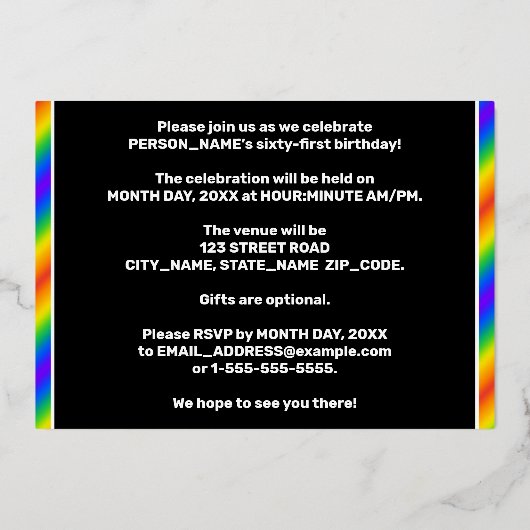 Invitation En Aluminium 61e fête d'anniversaire — Amusant, Rainbow Spectru (Verso)