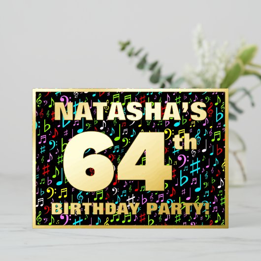 Invitation En Aluminium 64e fête d'anniversaire — Symboles de musique amus (Debout devant)