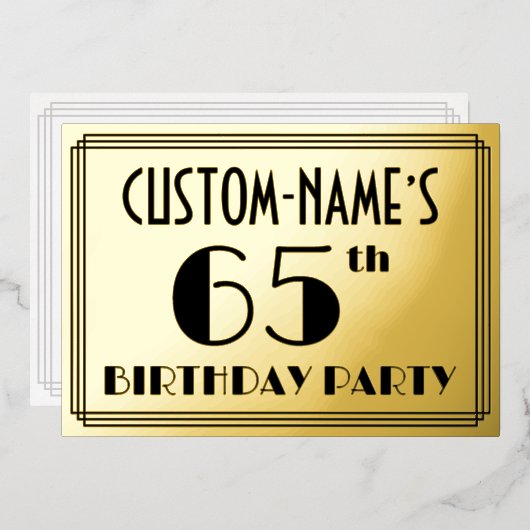 Invitation En Aluminium 65e fête d'anniversaire — Art Déco Look "65" + Nom (Recto/Verso)